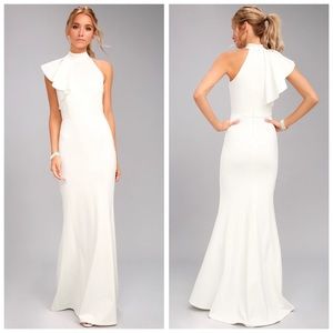 Lulu's White High-Neck One-Shoulder Ruffle Wedding Gown